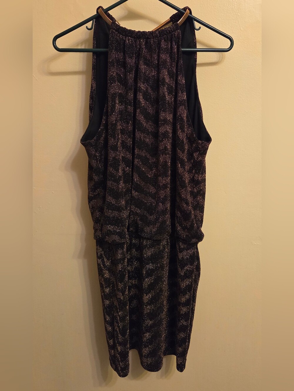 Bisou Bisou Metallic Gold Chevron Halter Dress Sz 16 NWT Disco Retro Sparkle